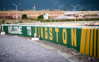 A mural saying "Welcome to Kingston" in Jamaica.