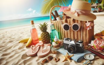 A traveler's stuff laid out on a sunny beach.