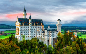 Neuschwanstein castle at sunset.