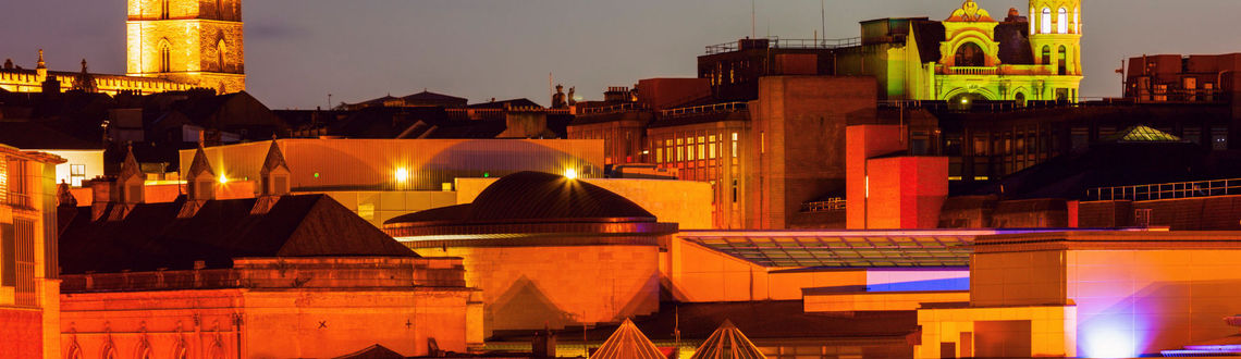 Derry, Northern Ireland, lit up during Halloween-time.