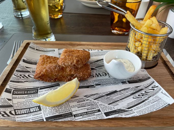 Fish and chips for lunch in the Riverview Kitchen on Riviera Radiance