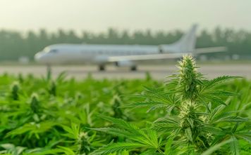 Plane landing next to cannabis field.