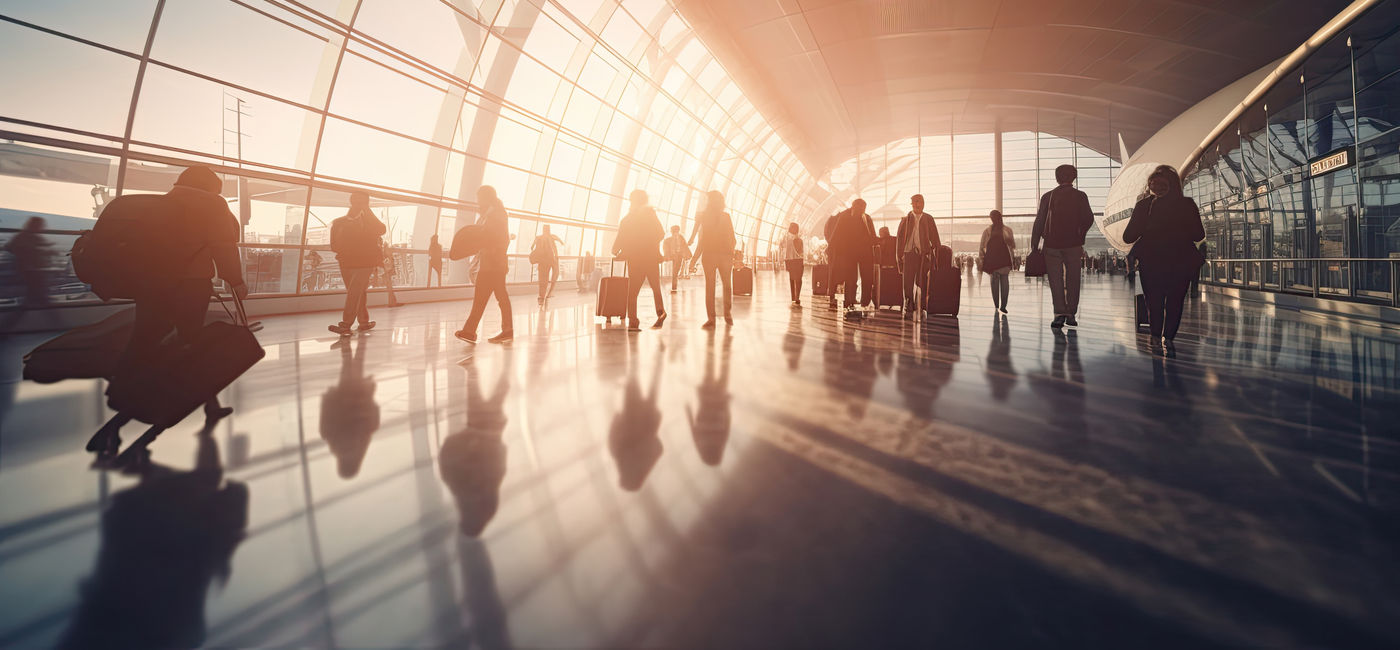 Image: Crowd of travelers inside an airport terminal. (Photo Credit: tong2530/Adobe)