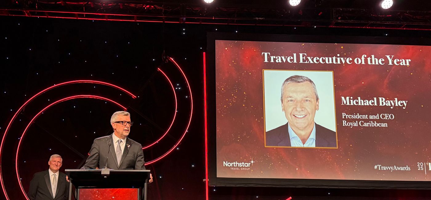 Image: Michael Bayley accepts Travel Executive of the Year award at 2025 Travvy ceremony. (Photo Credit: Photo by Mia Taylor)
