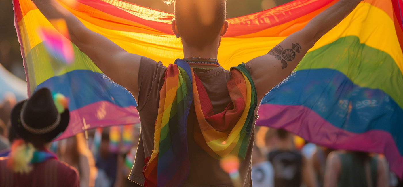 Image: Person holding an LGBTQ+ Pride flag. (Photo Credit: Adobe Stock/Vasilina FC)