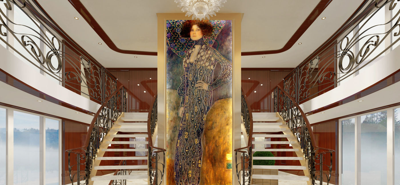 Image: Rendering of the lobby inside the S.S. Emilie. (Photo Credit: Uniworld Boutique River Cruises)