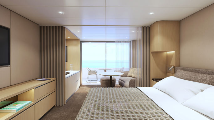 Rendering of a Grand Deluxe Verandah Suite onboard the Scenic Ikon. Scenic Group, scenic ikon, scenic, new cruise ships 2028