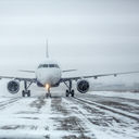 Airliner on runway in blizzard, snow, ice, plane,